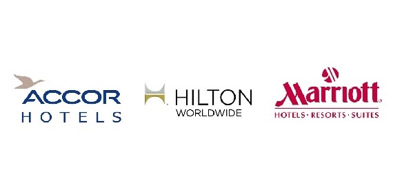 logotypy Accor, Hilton i Marriott