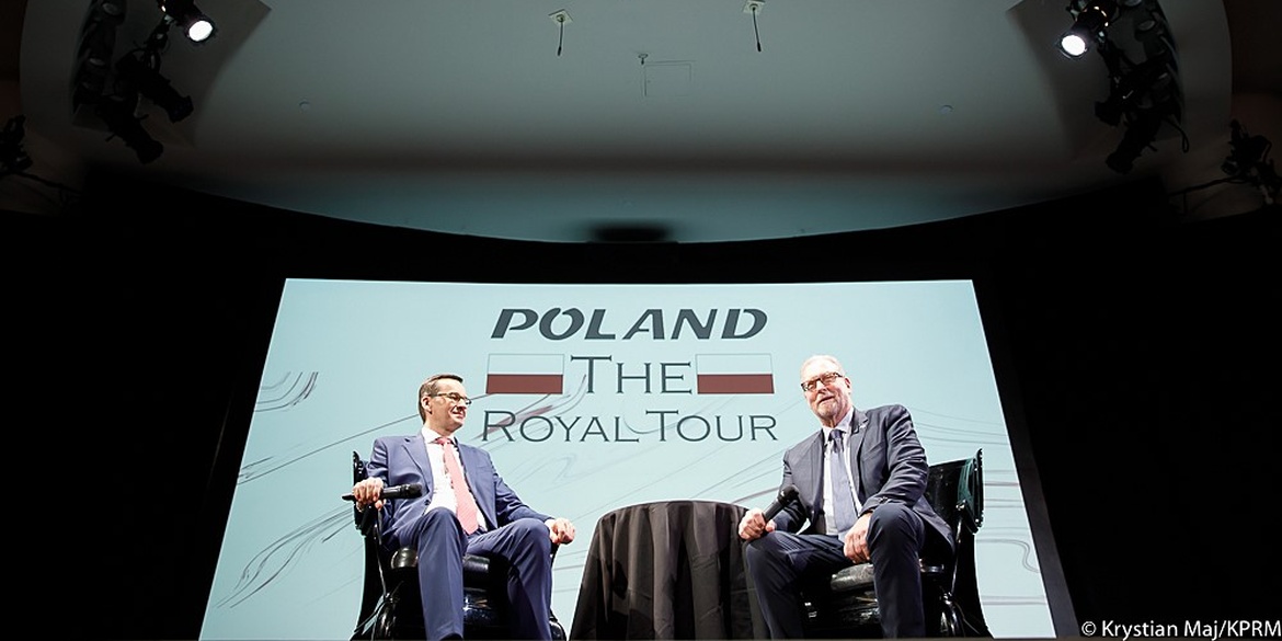 Mateusz Morawiecki na pokazie filmu Royal Tour Poland w USA